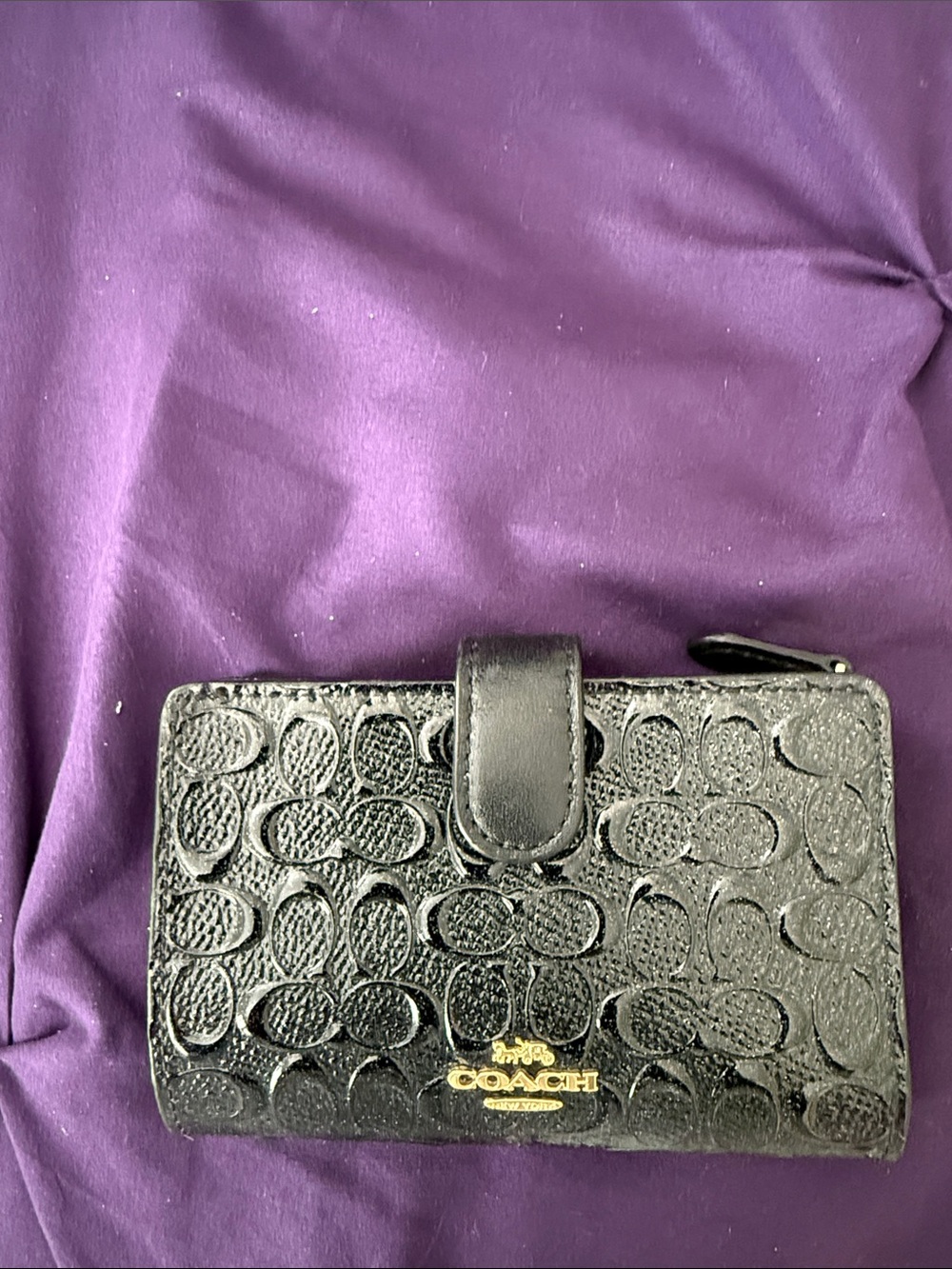 Coach Black Signature Embossed Patent Wallet with Gold Logo